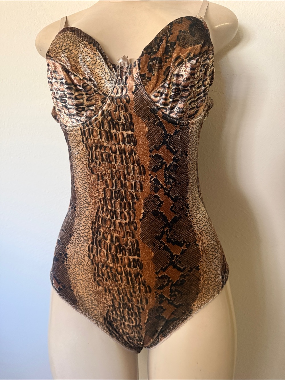 Snake-Print One-Piece Bodysuit in Brown and Tan 34C